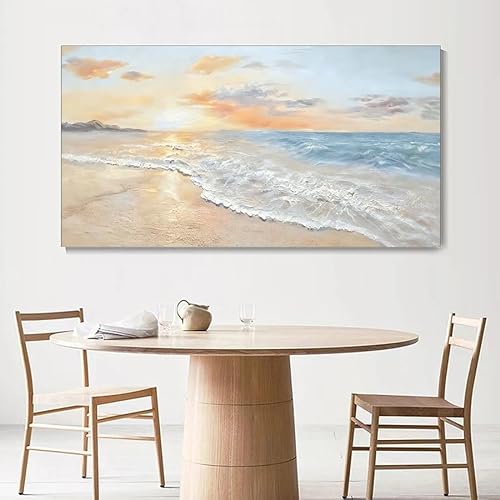 GOSRD Abstract Sea View Canvas Prints Wall Art Blue Ocean Wave with White Sunrise, Golden Beach Theme Decor for Living Room(50X100cm)