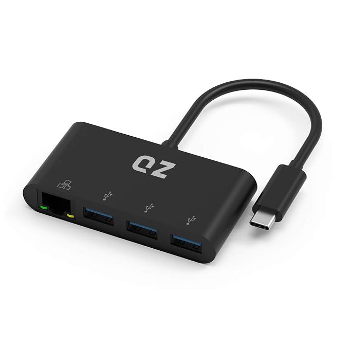 [3 x USB 3.1+ Ethernet LAN] QZ USB Type C Hub with Ethernet for Next Gen Office Work Station, USB-C Hub with LAN RJ45 for PC, Laptop and Phones [USB 3.1 Gen 1]