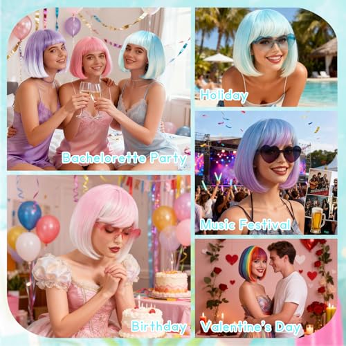 Image of PLULON Blue Ombre Bob Wig with Heart Sunglasses and Hair Cap for Women Men, Colorful Short Funny Bob Wigs with Bangs Colored Cosplay Hairpieces for Halloween Costume Neon Bachelorette Party