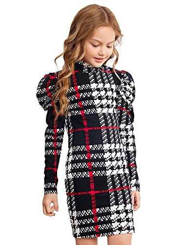 Soly Hux Girl's Plaid Mock Neck Puff Long Sleeve Bodycon Short Dress Black White 11-12Y #TOP8