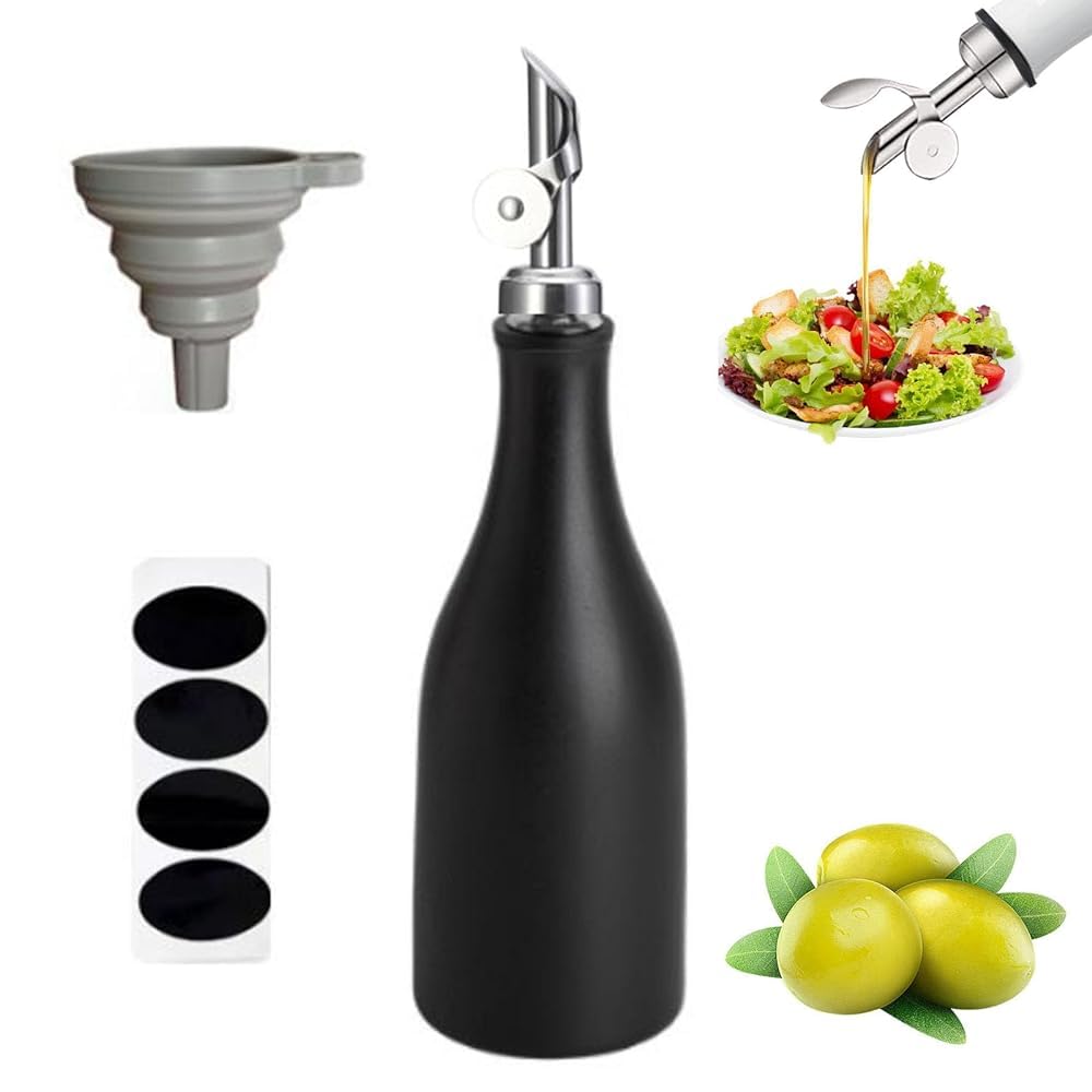 Ceramiczna butelka na oliwę z oliwek, zestaw butelek na ocet i olej, 300 ml, dozownik na ocet z etykietami, butelka na oliwę z oliwek z lejkiem, butelka na olej z lejkiem, butelka na olej z dzióbkiem,