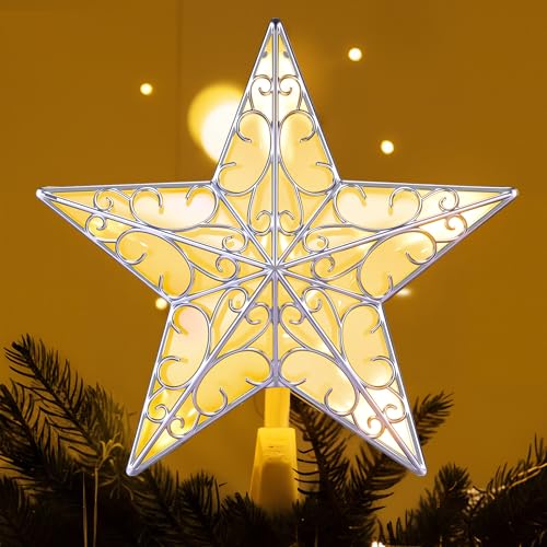 Nuanchu Christmas Star Tree Topper 10.4 x 9.4 Inch Large 3D Glitter Topper Ornament Metal Hollowed with 20 LED Lights Vintage Xmas Reflector Treetop New Year Holiday Indoor Decor(Sliver Clear) by Nuanchu - Used condition - US$7.30