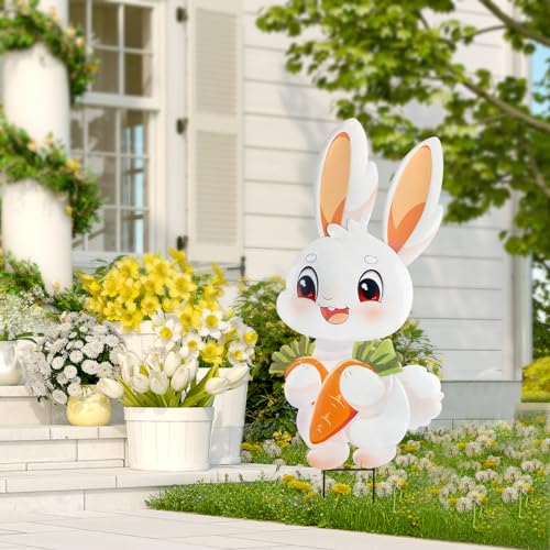 Metal Spring Yard Signs Decorations Outdoor, 41.7\"H Cute Spring Garden Stakes, Decorative Bunny Spring Yard Stakes Waterproof Spring Lawn Signs for Outside Patio Sidewalk Decor