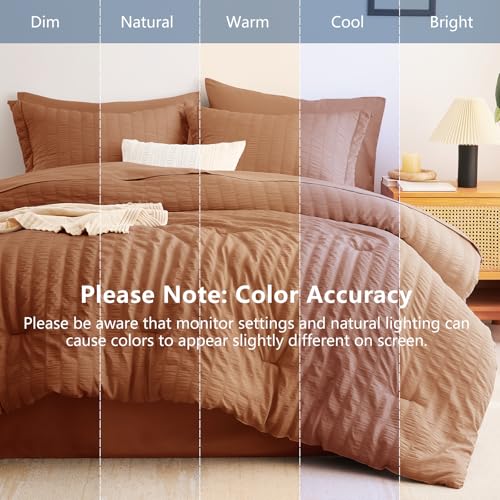Image of CozyLux Full Size Comforter Sets Pumpkin, 7 Pieces Seersucker Textured Luxury Bed in a Bag, All Seasons Soft Bedding Sets with Down Alternative Comforter, Sheets, Pillowcases & Shams, Bedroom Bed Set