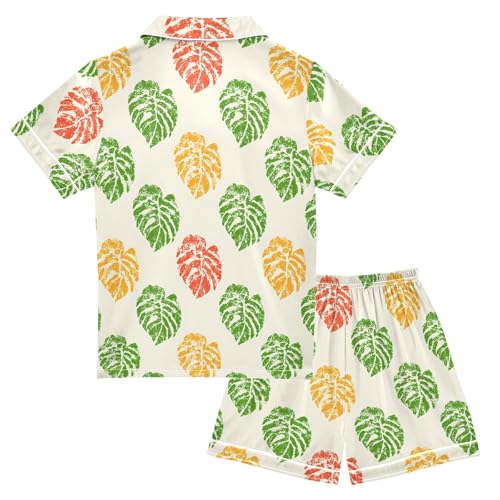 Retro Beautiful Leaves Abstract Pattern Summer Satin Pajama Set, Cute Button-Down Sleepwear Pj Set for Sleep Wears2