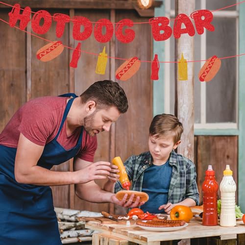 Image of Hooqict Happy Birthday Banner Hotdog Birthday Party Decorations Hot Dog Party Banner Garland Sign for BBQ Picnic Sports Game Day Party Decorations Supplies