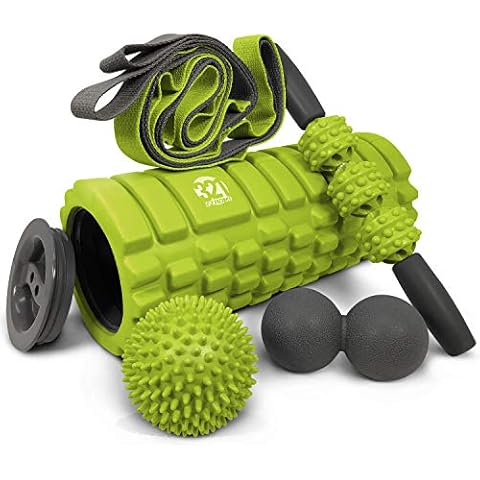 321 STRONG 5 in 1 Foam Roller Set Includes Hollow Core Massage Roller with End Caps, Muscle Roller Stick, Stretching Strap, Double Lacrosse Peanut, Spikey Plantar Fasciitis Ball, All in Giftable Box Cover