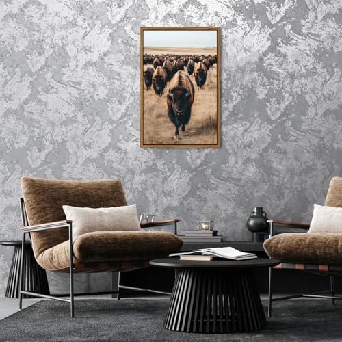 Image of Framed Bison Wall Art Western Buffalo Cow Pictures Wall Decor American Bison Herd Decor Rustic Wildlife Animals Canvas Prints Farmhouse Cabin Lodge Decor for Living Room Office Home Decoration 24x36
