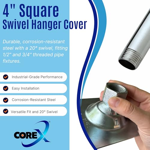 25 Pack Square Swivel Fixture Hanger Cover for Use with Square Electrical Boxes - Fits 1/2\" and 3/4\" Threaded Nipple and Conduit - Malleable Iron Swivel Hub with Steel Cover and Reducing Bushing