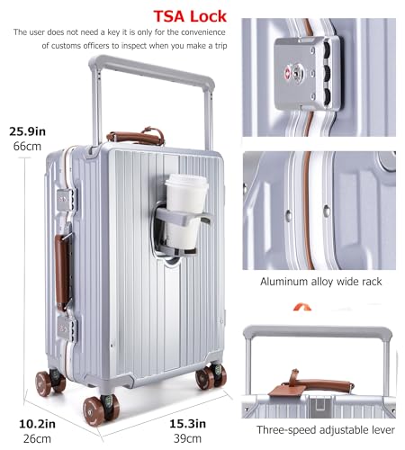 feilario 24in Aluminum Frame Wide Handle Hard Shell Carry On Suitcase - Vivid Colors Double Spinner Wheels Airline Approved Rolling Luggage with TSA Lock & Cup Holder (Silver, 24in)4