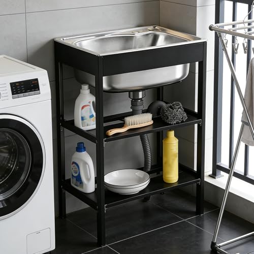 Lavandino/Vasca for lavanderia 48 * 35 * 18 cm-Lavandini for interni ed esterni in acciaio inossidabile 304 -Con staffa in alluminio nero, tubo for acqua calda e fredda(58 * 43 * 18cm)