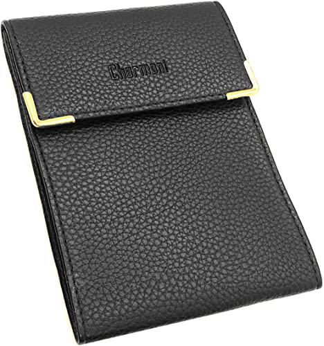 Charmoni - Marvin - Porte chéquier Long Pliant - Talon à Gauche - 3 emplacements Carte bancaire - 3 Plis - Compact - en Cuir Vachette - 10,5 cm X 14,5 cm (Noir)