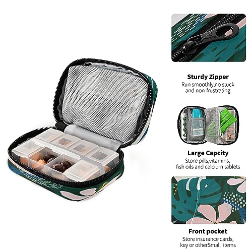 Image of Naanle Hawaiian Palm Leaf Flower Pill Box 7 Day Pill Case Travel Pill Organizer Bag with Zipper Portable Weekly Case Compact Size for Vitamin Supplement Holder