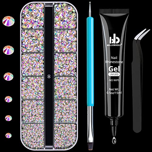 1 PC 15ml Nail Art Rhinestone Glue Gel(UV/LED)+1 Box of 2-5mm Flat Back Round Crystal AB Gemstones+1 PC Tweezer+1 PC Dual-sided Dotting Pen for Professional And Home DIY Nail Art Decoration