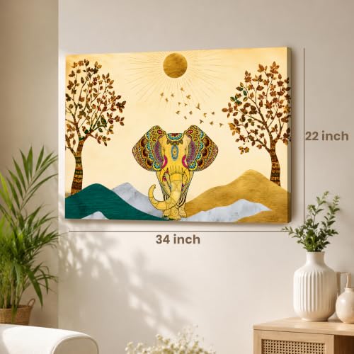 Image of PAINTINGMANTRA istic Elephant Theme Multicolored 1 Stretched Canvas Painting, Outer Size-13x17 Inches.Inner Size - 22x34 Inch