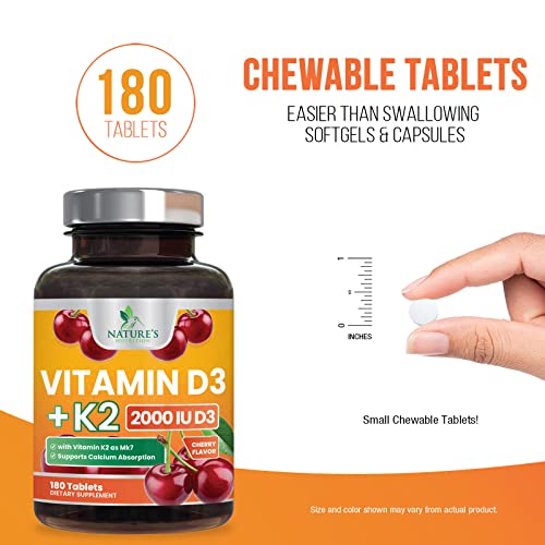 Vitamin D3 + K2 Supplement, 2 In 1 Formula With Mk-7 - High Potency Vitamin D & Vitamin K2 Mk7 Complex - Heart Health Support, Bone, Teeth & Immune Support, Non-Gmo - 180 Chewable Tablets #TOP2