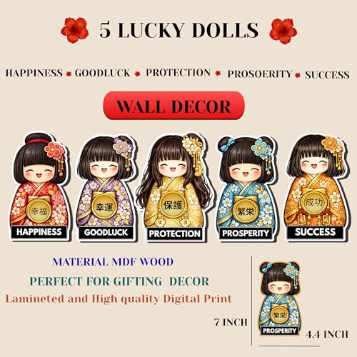 Image of GENXTRA Set of 5 Japanese Lucky Doll Wooden Wall Decor | Kawaii Anime Style MDF Hanging Art for Home, Bedroom, Living Room & Office | Prosperity, Happiness, Protection, Success & Good Luck Theme