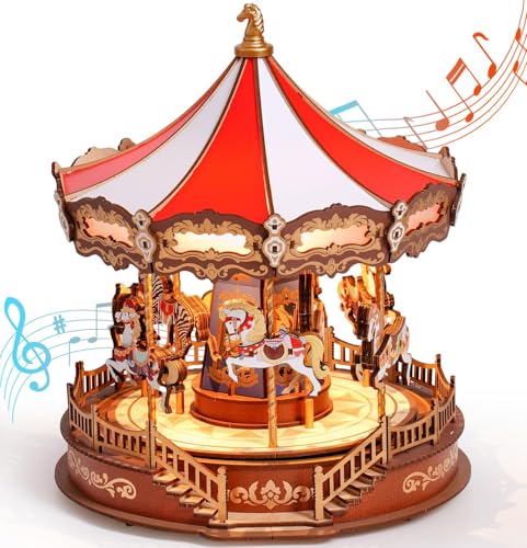 ROBOTIME Boîte à Musique carrousel Classique Puzzle en Bois 3D avec lumières LED, Maquette en Bois a Construire Kits de modélisme pour Adultes à Construire