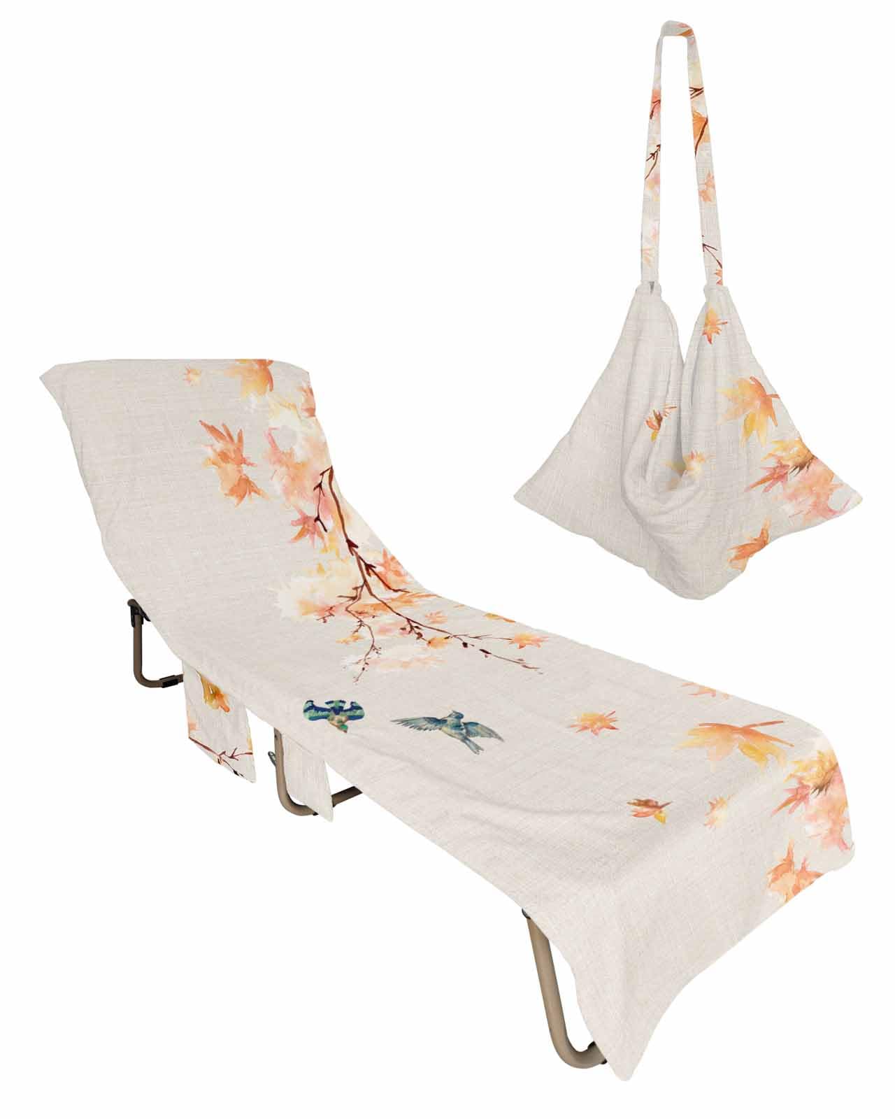 Orange Botanical Beach Lounge Chair Towel Cover, Soft Chaise Lounge Towel with Side Pockets Patio Pool Chairs Cover for Beach/Pool Sunbathing 29x85 Rustic Maple Leaf Pastoral Birds