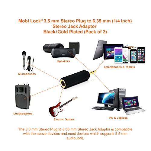 2 Sztuki Wtyk 3,5 mm do Gniazda 6,35 mm - Adapter Jack Audio Stereo 1/8 do 1/4 Cala - Łączy Urządzenia z Portem 3,5 mm z Urządzeniami Audio 6,35 mm - od Mobi Lock