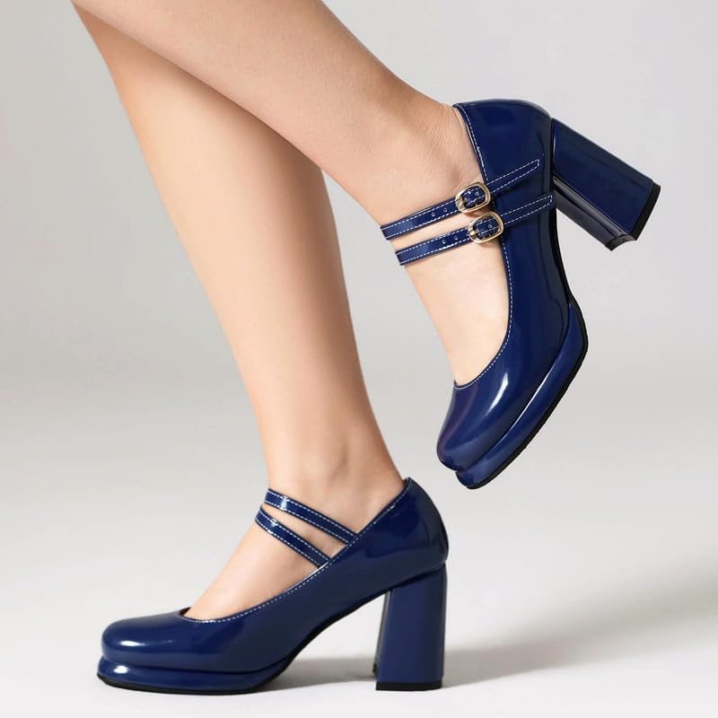 Women's Chunky Heels Platform Mary Janes Square Toe Pumps 3 Strap Patent Leather Block High Heel Dress Shoes2