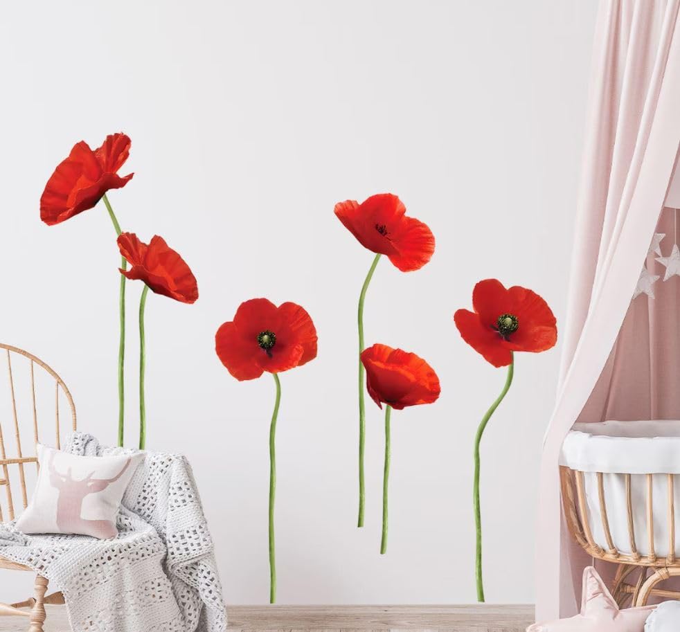 PICASSO SIGNAGE Red Flower Wall Decals Peel and Stick Floral Wall Stickers Removable Wall Art for Home Bedroom Living Room Decor 1