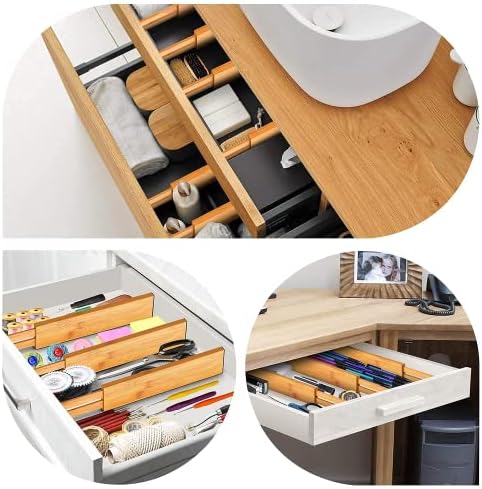 Pipishell Bamboo Drawer Dividers, Adjustable Dresser Drawer Organisers, Spring Loaded Kitchen Utensil Drawer Organiser Dividers for Cutlery Drawer Wardrobe, Clothes, Bathroom, Baby Drawer, Tools