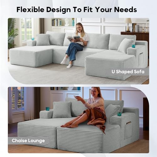 Image of Oversized Cloud Boneless Couch with Chaise, Modern Modular Sofa with Deep Seat, Corduroy Upholstered U Shaped Couch for Living Room, No Assembly Required (Light Grey)