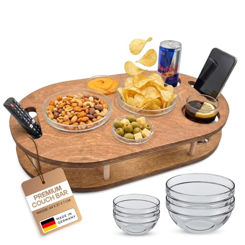 Couchbar Snackbox aus Holz mit Getränkehaltern & Snackschalen - Sofa Tablett mit Handyhalter - Snacktablett für Couch & Bett - Sofa Butler - Snackbar für die Couch - Couch Tablett