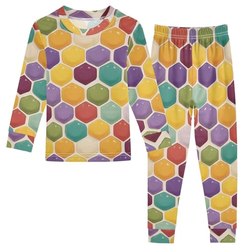 Pajama Sets Long Sleeve Colorful Hexagon Tiles Pattern Design Soft Comfy Sleepwear 2 Piece PJS 3-8T