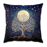 DEQSX Tree of Life Witchy Moon Pillow Cover 18x18, William Morris Inspired Night Sky Decor, Art Nouveau Gothic Full Moon Stars Decorative Throw Pillow Cover for Bedroom Living Room Sofa Couch