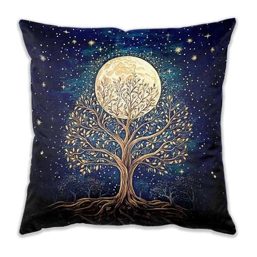 DEQSX Tree of Life Witchy Moon Pillow Cover 18x18, William Morris Inspired Night Sky Decor, Art Nouveau Gothic Full Moon Stars Decorative Throw Pillow Cover for Bedroom Living Room Sofa Couch