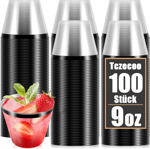 Tczecoo 100 Stück Partybecher mit Schwarz Rand, 9oz Klare Rimmed Trinkbecher, Heavy Duty Elegante Party Tassen, Wiederverwendbare Trinkbecher für Parties Geburtstag Hochzeit Camping Feiern(Schwarz)