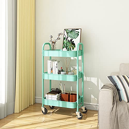 Simple Trending 3-Tier Metal Rolling Storage Cart, Utility Organizer Cart Storage Shelves On 2 Lockable Wheels For Kitchen Bathroom, Turquoise #TOP4