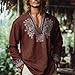 Xiaojmake Men's Henley Shirt Long Sleeve African Print Embroidered Gauze Shirts Casual V Neck Cotton Linen Beach Hippie Shirt Wine