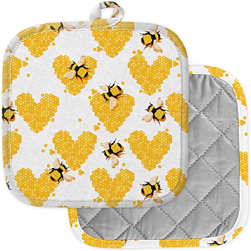 [Pack Of 2] Pot Holders For Kitchen, Washable Heat Resistant Pot Holders, Hot Pads, Trivet For Cooking And Baking ( Honeycomb Form Heart Bees Natural ) #TOP2