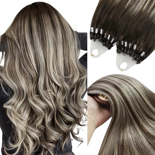 Image of YoungSee Micro Loop Hair Extensions Real Human Hair Balayage Microlink Hair Extensions Dark Brown Ombre Blonde Bead Hair Extension 16In 57g 50s Pre Bonded Hair Extension for Adding Volume