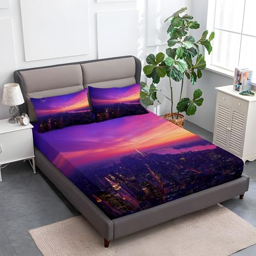 Drap-Housse 90 x 190 cm pour Matelas de 30 cm d'épaisseur, Violet 100% Microfibre Housse de Matelas - Nature Surréalisme New York Drap Doux