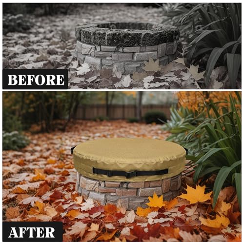 Fire Pit Cover Round for In Ground Firepit 51-74Inch，Waterproofing Firepit Covers Patio Built in Stone Fire for Protection Against Rain and Snow (Khaki, 56") by HAMTRED - Image 2