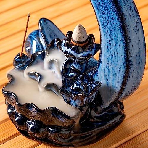 Moon Incense Burner with 60 Incense Cones + 30 Incense Stick, Ceramic Waterfall Incense Burner, Backflow Incense Holder for Aromatherapy Ornament Home Decor (Blue)