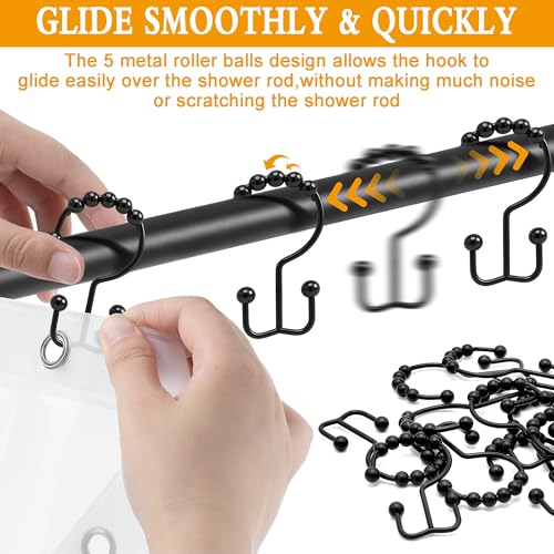 Shower Curtain Hooks, 12 Pcs Rustproof Metal Shower Curtain Rings,Free Sliding Double Shower Hooks for Shower Curtain & Liners, Shower Curtain Hangers for Bathroom Shower Curtain Rods Curtains (Black)