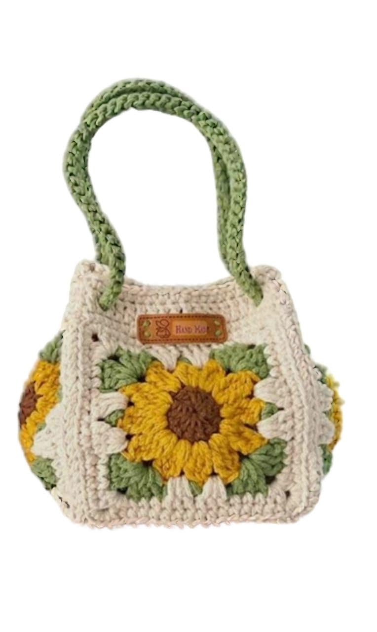 Handmade Crochet Daisy Flower Tote Bag, White Cotton with Beige Centers, Granny Square Pattern, Shopping and Beach Carry Bag-picture-34