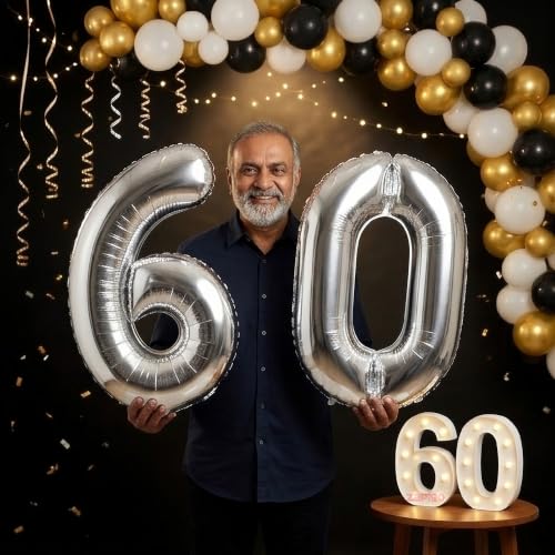 Image of Balloonistics Silver 40-Inch Foil Number 60 Balloon with Matching LED Marquee Light - Combo Set for 60th Birthday, Anniversary Party Decoration, Photo Booth Backdrop, Cake Table Decor