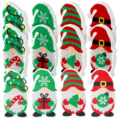 Image of Layhit 12 Pcs Christmas Dish Sponges Cute Kitchen Non Scratch Scrub Sink Sponges Wood Pulp Reusable Household Cleaning Cloth for Kitchen Dishes Furniture(Gnome)