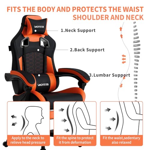 Image of Gaming Chair with Massage,Ergonomic PC Gaming Chair with Footrest Comfortable Headrest and Lumbar Support,High Back Game Chair PVC Leather,300LBS (Black&Orange)