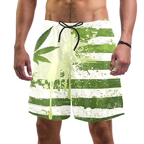 GORDESC Grunge cânhamo folhas padrão de marijuana fatos de banho para homens calções de praia calças de secagem rápida com bolsos/forro de malha, multicolorido, M