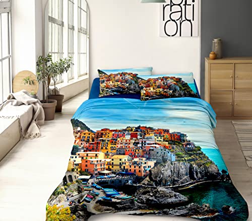 IlGruppone Completo Letto Lenzuola 100% Cotone Set Lenzuolo Moderno Sotto Sopra Federe Due Stampe In Altissima Definizione - Dis45CinqueTerre - Matrimoniale