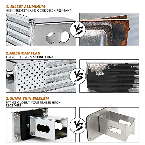 Xprite Aluminum Trailer Hitch Cover, 2" Inch Tow Rear Receivers Plug Covers, Usa American Flag Metal Emblem Guard For Trucks Cars Suv - Silver #TOP1