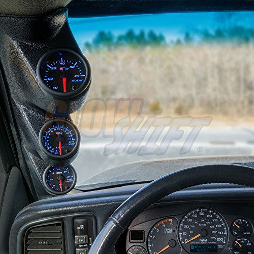 Glowshift Diesel Gauge Package Compatible With Chevrolet Chevy Silverado Duramax 2500 3500 2000-2006 - Tinted 7 Color 60 Psi Boost, 1500F Egt & 30 Psi Fuel Pressure Gauges - Graphite Triple Pillar Pod #TOP1