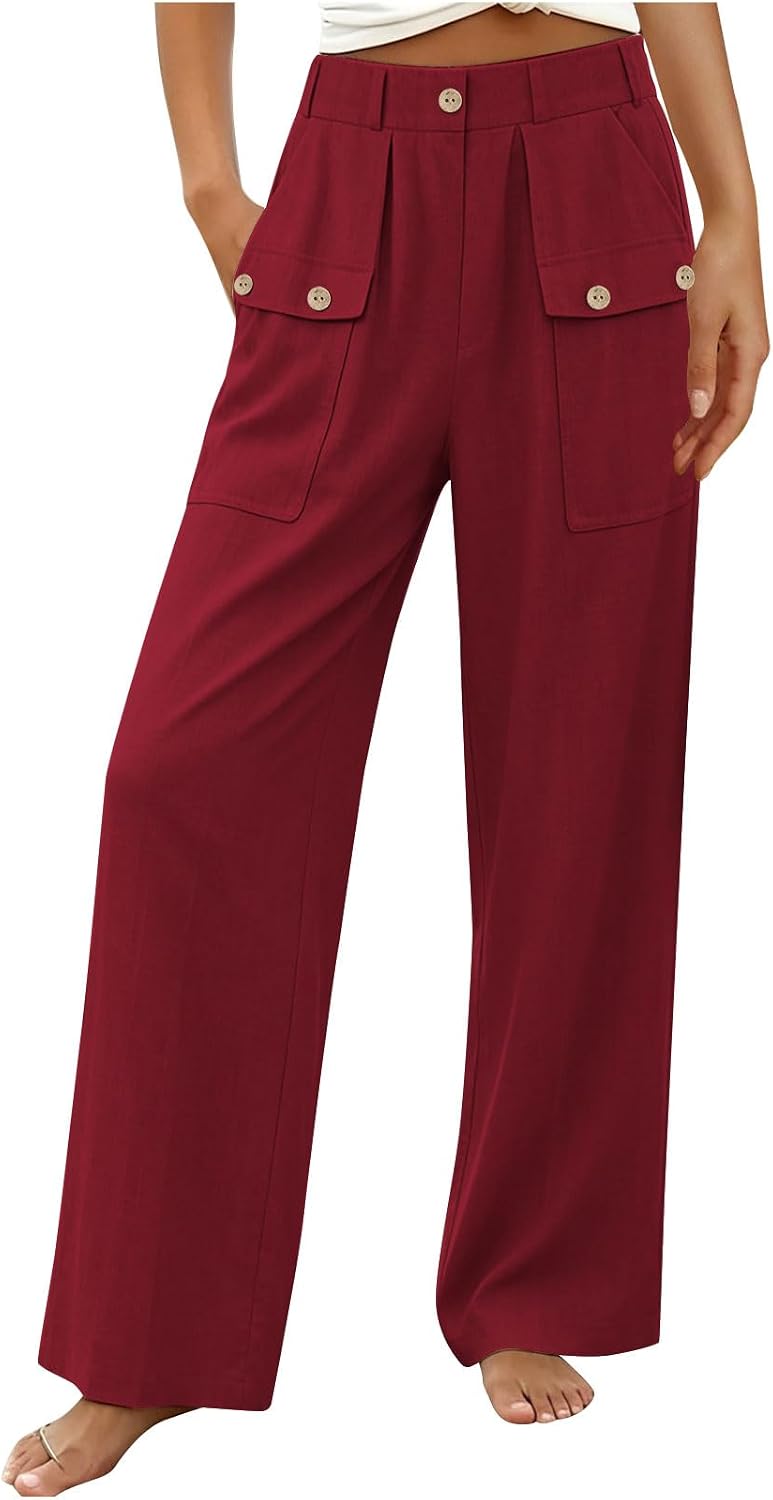 Women's High Waisted Linen Blend Wide Leg Pants with Button Pockets Casual Straight Leg Trousers for Work Office